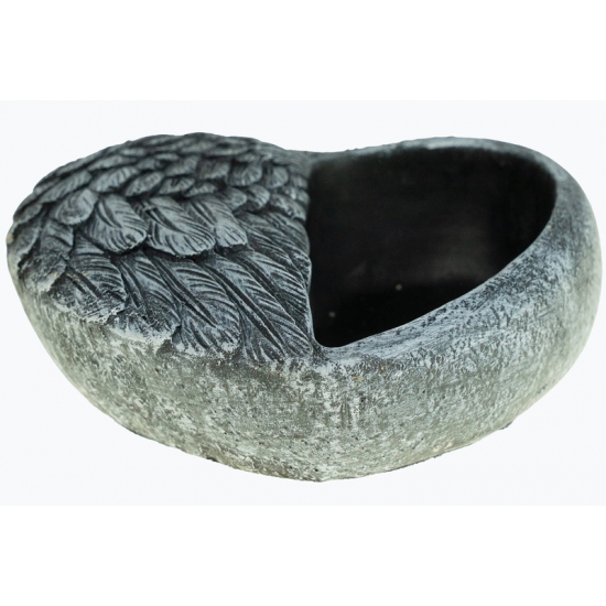 Kaspó kő szív 16.5x16.5x6.5cm szárny mintás sötét szürke