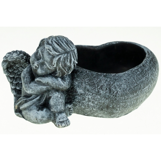 Kaspó kő szív angyallal 19x13.5x9.5cm sötét szürke