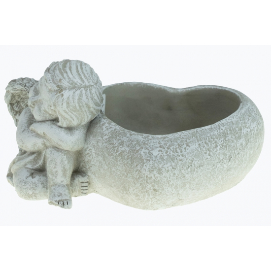 Kaspó kő szív angyallal 19x13.5x9.5cm szürke