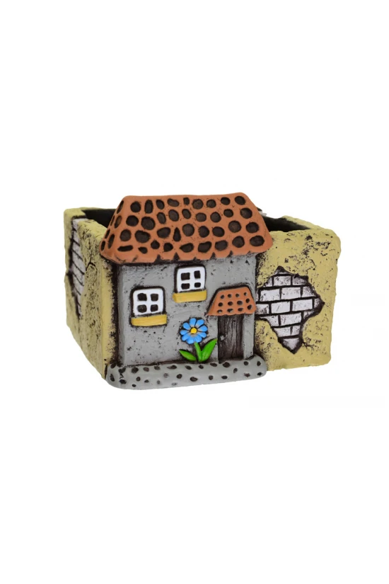 Kaspó kő szögletes 12.9*12.8*9cm házzal  krém