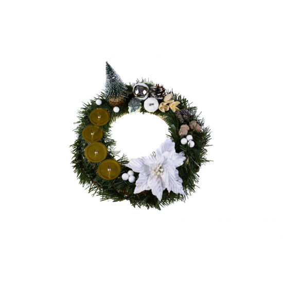 Készítmény adventi fenyővel, mikulásvirággal fehér