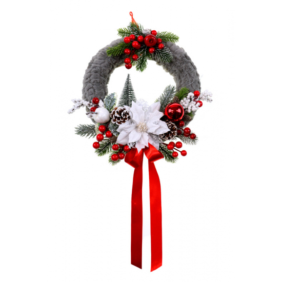 Készítmény kopogtató karácsonyi D25 mikulásvirággal, masnival szürke/piros