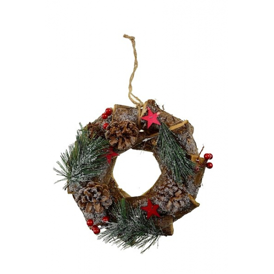 Koszorú vessző toboz/bogyó/fenyő díszítéssel 25*12 cm