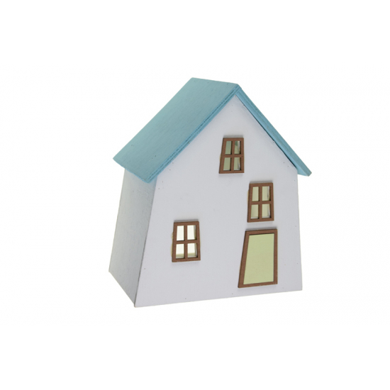 Mécsestartó fa 14*9,6*17cm LEDes ház forma kék/fehér