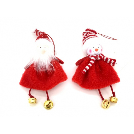 Figura mikulás/hóember textil akasztós 15CM csengettyűvel piros/fehér