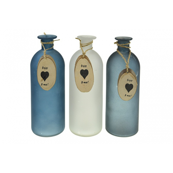 Üveg palack fakorong dísszel H20 karácsonyi felirat fehér/kék/fekete DK