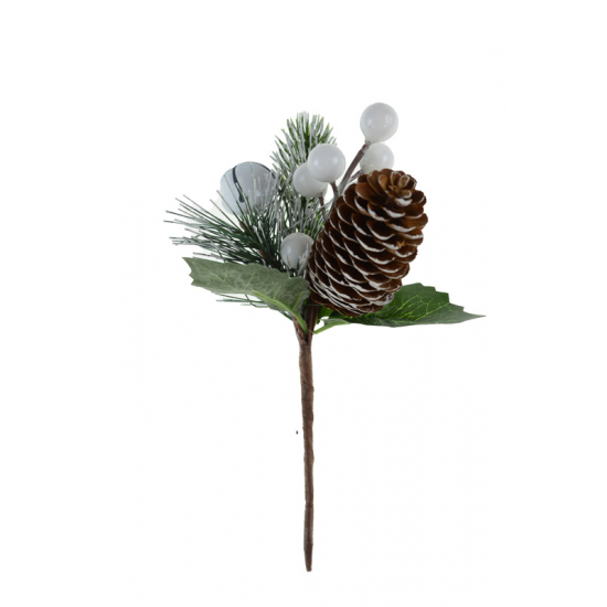 Pick ág fehér bogyós 19cm tobozzal,levéllel zöld