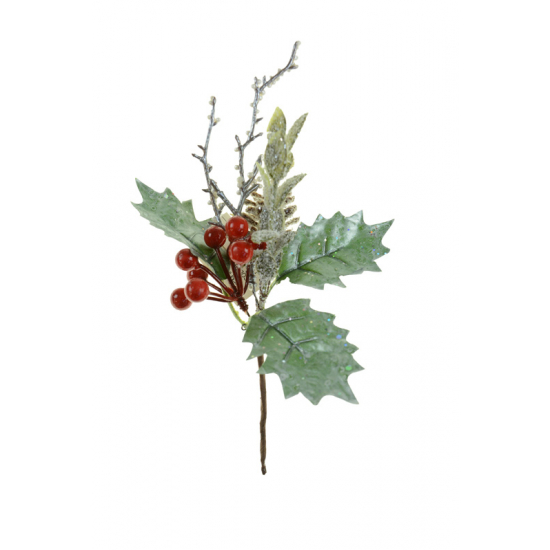 Pick magyal ág 25CM zúzmarás piros/zöld