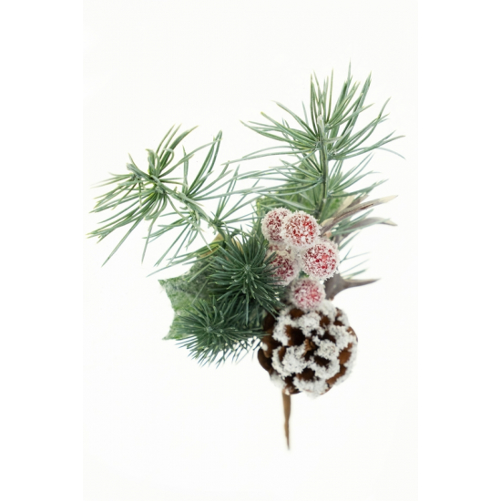 Pick fenyő + piros bogyó + toboz + agancs 27cm havas zöld