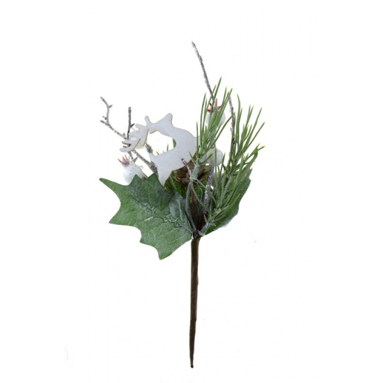 Pick fenyőág bogyós 24.5CM szarvassal fehér