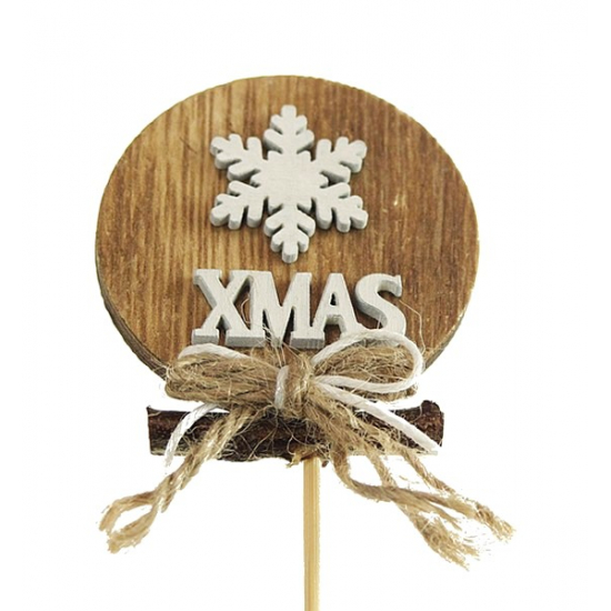 Pick fa korong 5,5*H15cm hópehely-Xmas dísszel barna