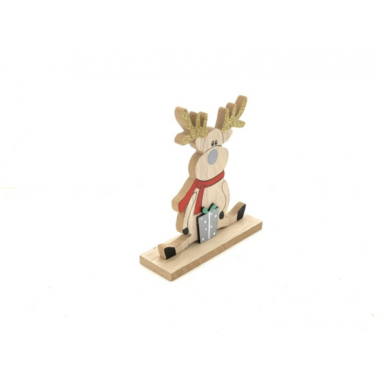 Rénszarvas ajándékkal fa ülő 14X4,5X15,5CM talpas natúr/piros