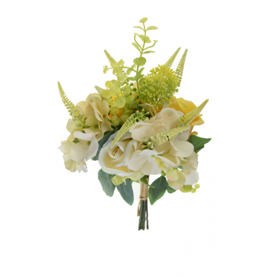Selyemvirág rózsa-hortenzia csokor 33cm sárga