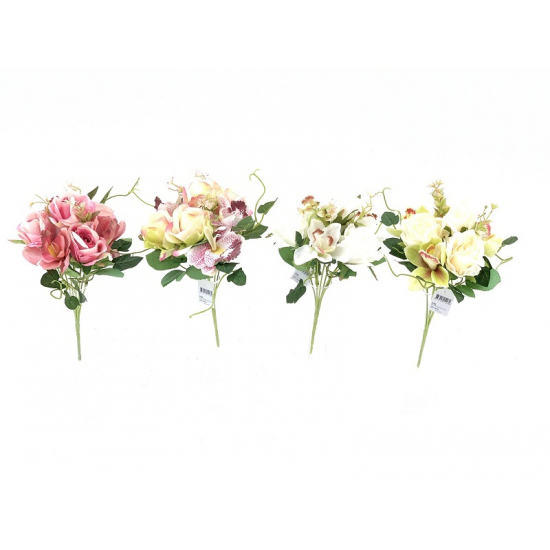 Selyemvirág rózsa/csónakorchidea csokor 22cm fehér