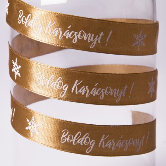Szalag szatén 20mm x 20m Boldog Karácsonyt! aranybarna