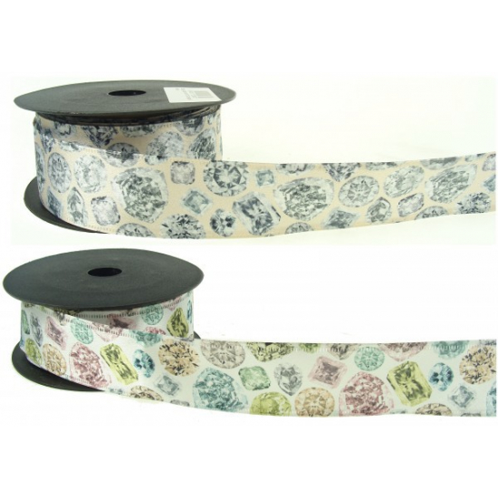 Szalag szatén drágakő mintás 4cm*10y fehér