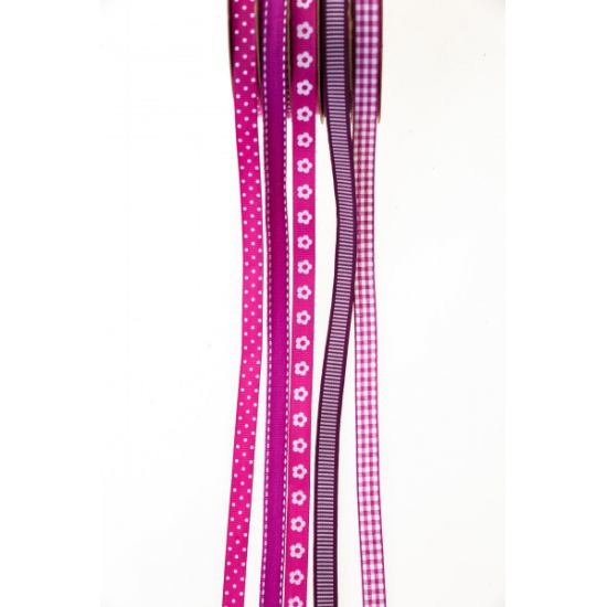 Szalag textil 5m, 5csík mintás pink