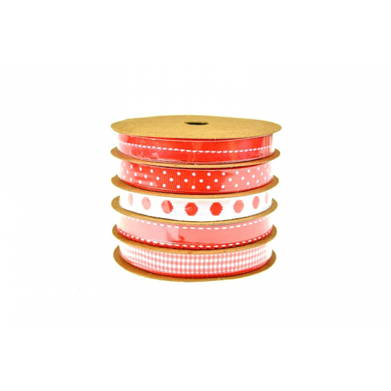 Szalag textil 5x 1cm*5m piros/fehér