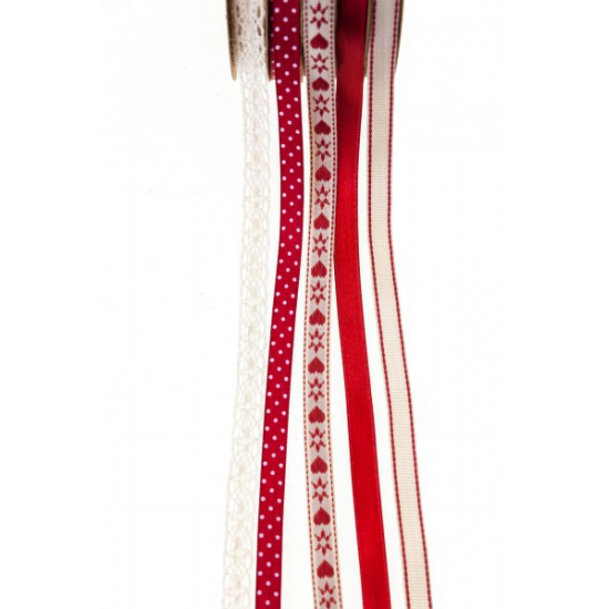 Szalag textil/csipke 4 textil csík, 1 csipke csík piros/krém