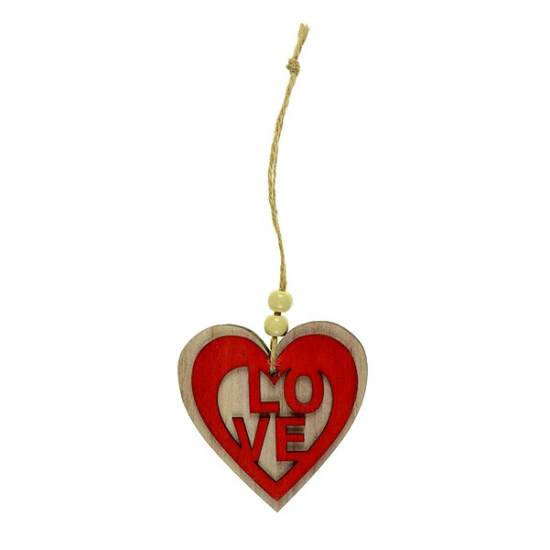 Szív fa akasztós 14cm LOVE feliratos piros