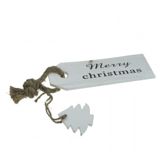 Tábla fa címke forma fenyővel feliratos Merry Chirstmas 24*8 akasztós fehér