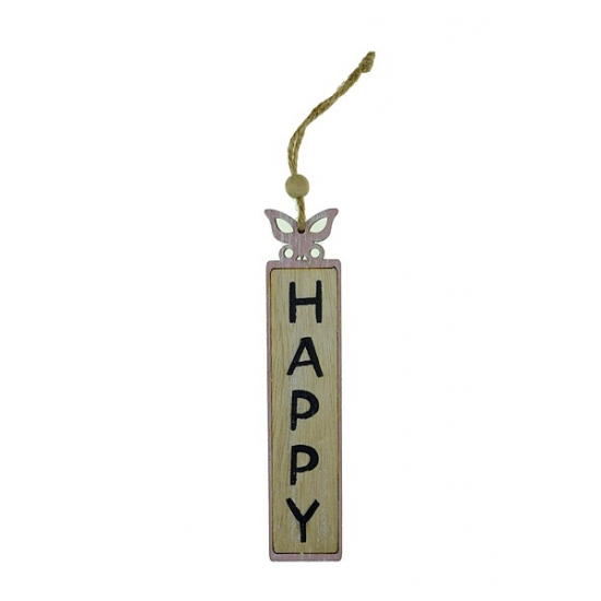 Tábla Happy fa spárgával 16cm*3cm natúr