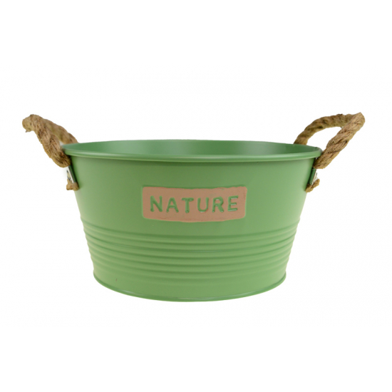 Tál fém 18/14*H9cm nature felirattal kötél fülekkel zöld
