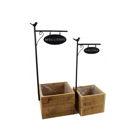 Virágtartó fa fém dekorral s/2 barna