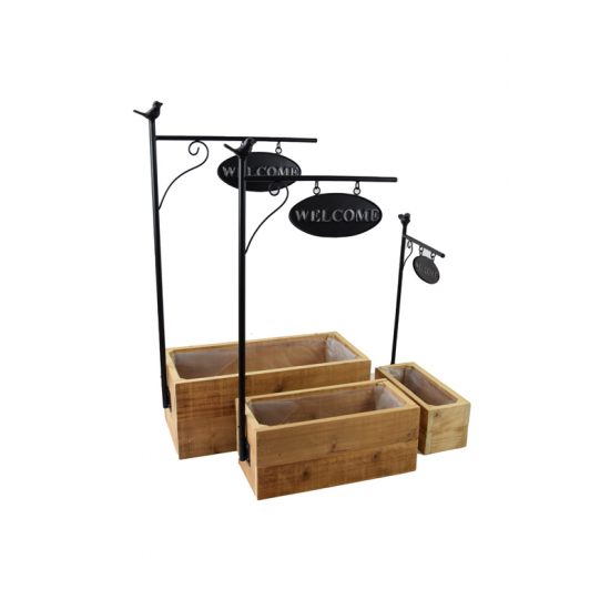 Virágtartó fa fém dekorral s/3 barna