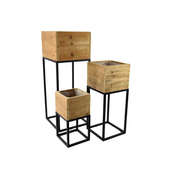 Virágtartó fa s/3 fém állvánnyal barna